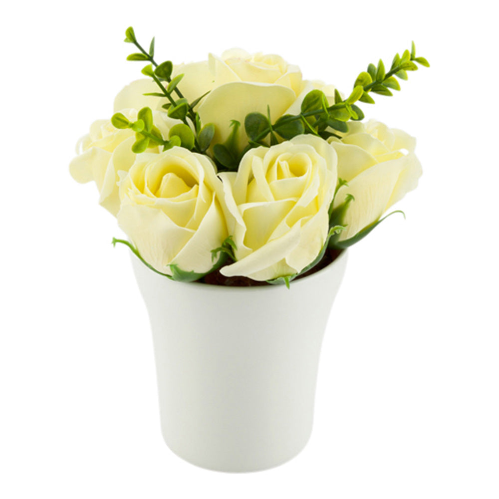 Sapone del Fiore Yellow Plastic Roses in Porcelain Pot - 7 Blooms - 4" x 4" x 6" - 1 count box