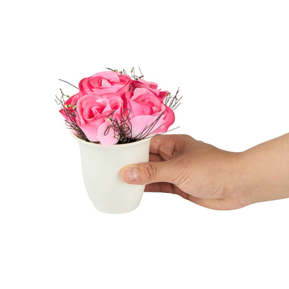 Fiore Pink Plastic Roses in Plastic Pot - 6 Blooms - 4" x 4" x 6" - 12 count box