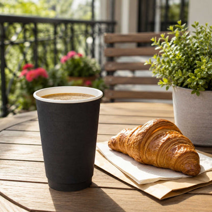 Restpresso 16 oz Black Paper Coffee Cup - Double Wall - 3 1/2" x 3 1/2" x 5 1/2" - 500 count box