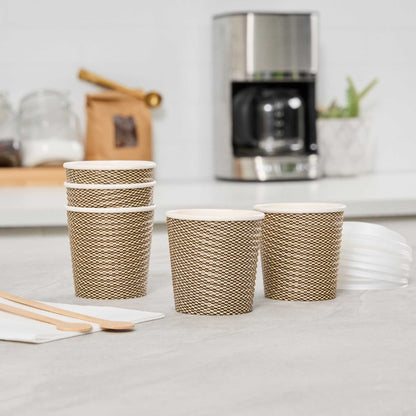 Restpresso 4 oz Mocha Pin Check Paper Coffee Cup - Spiral Wall - 2 1/2" x 2 1/2" x 2 1/4" - 25 count box