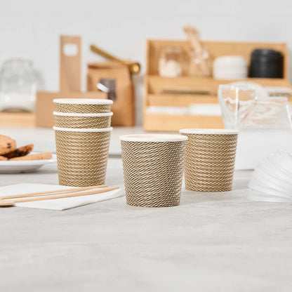 Restpresso 4 oz Mocha Pin Check Paper Coffee Cup - Spiral Wall - 2 1/2" x 2 1/2" x 2 1/4" - 25 count box