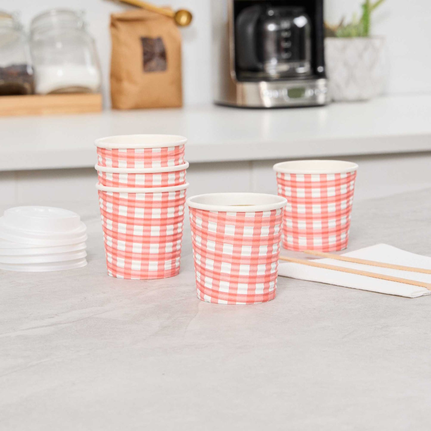 Restpresso 4 oz Picnic Print Paper Coffee Cup - Spiral Wall - 2 1/2" x 2 1/2" x 2 1/4" - 25 count box