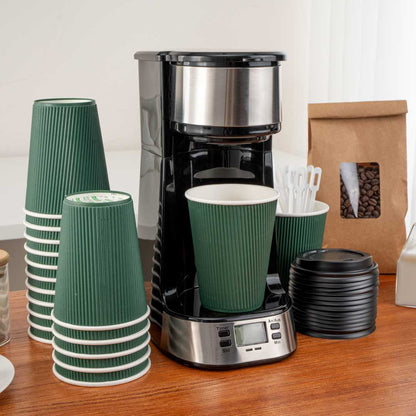Restpresso 12 oz Forest Green Paper Coffee Cup - Ripple Wall - 3 1/2" x 3 1/2" x 4 1/4" - 25 count box
