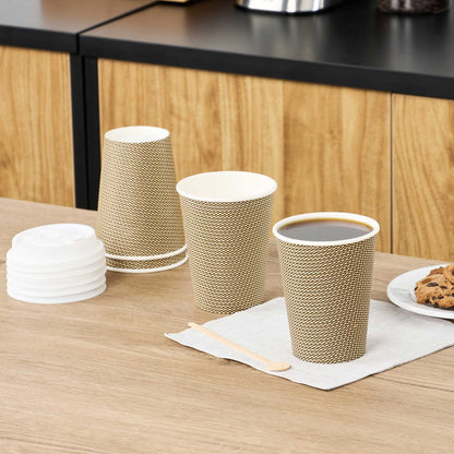 Restpresso 12 oz Mocha Pin Check Paper Coffee Cup - Spiral Wall - 3 1/2" x 3 1/2" x 4 1/4" - 25 count box