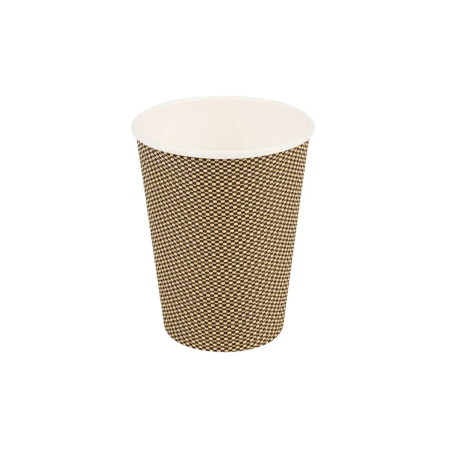 Restpresso 12 oz Mocha Pin Check Paper Coffee Cup - Spiral Wall - 3 1/2" x 3 1/2" x 4 1/4" - 25 count box