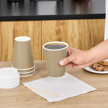 Restpresso 12 oz Mocha Pin Check Paper Coffee Cup - Spiral Wall - 3 1/2" x 3 1/2" x 4 1/4" - 25 count box