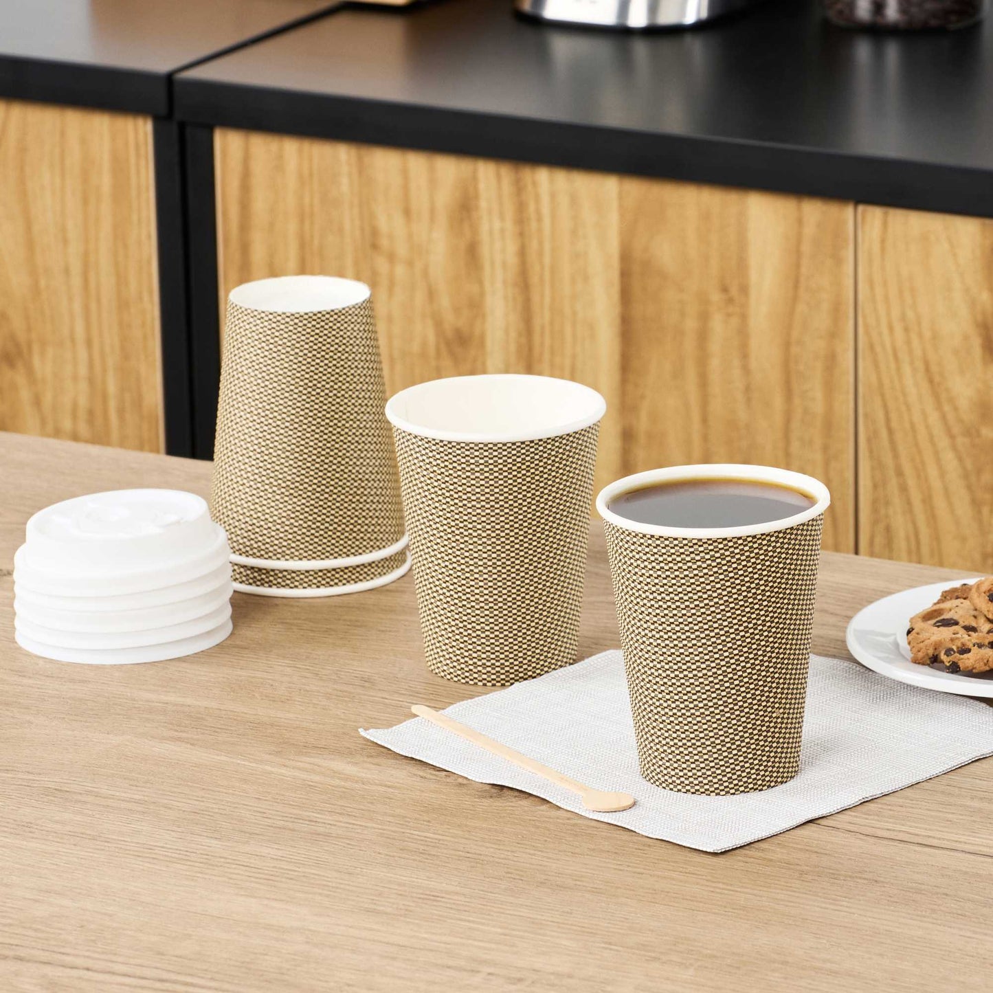 Restpresso 12 oz Mocha Pin Check Paper Coffee Cup - Spiral Wall - 3 1/2" x 3 1/2" x 4 1/4" - 500 count box
