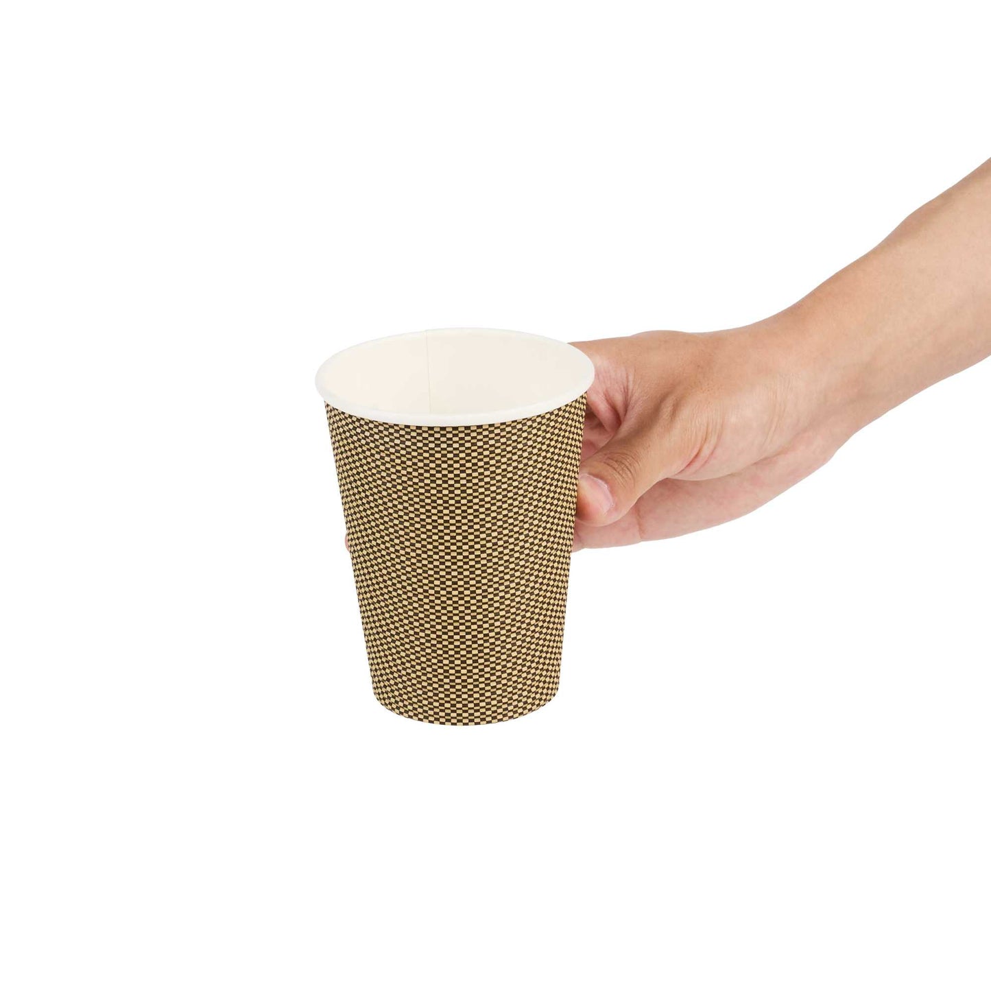 Restpresso 12 oz Mocha Pin Check Paper Coffee Cup - Spiral Wall - 3 1/2" x 3 1/2" x 4 1/4" - 500 count box