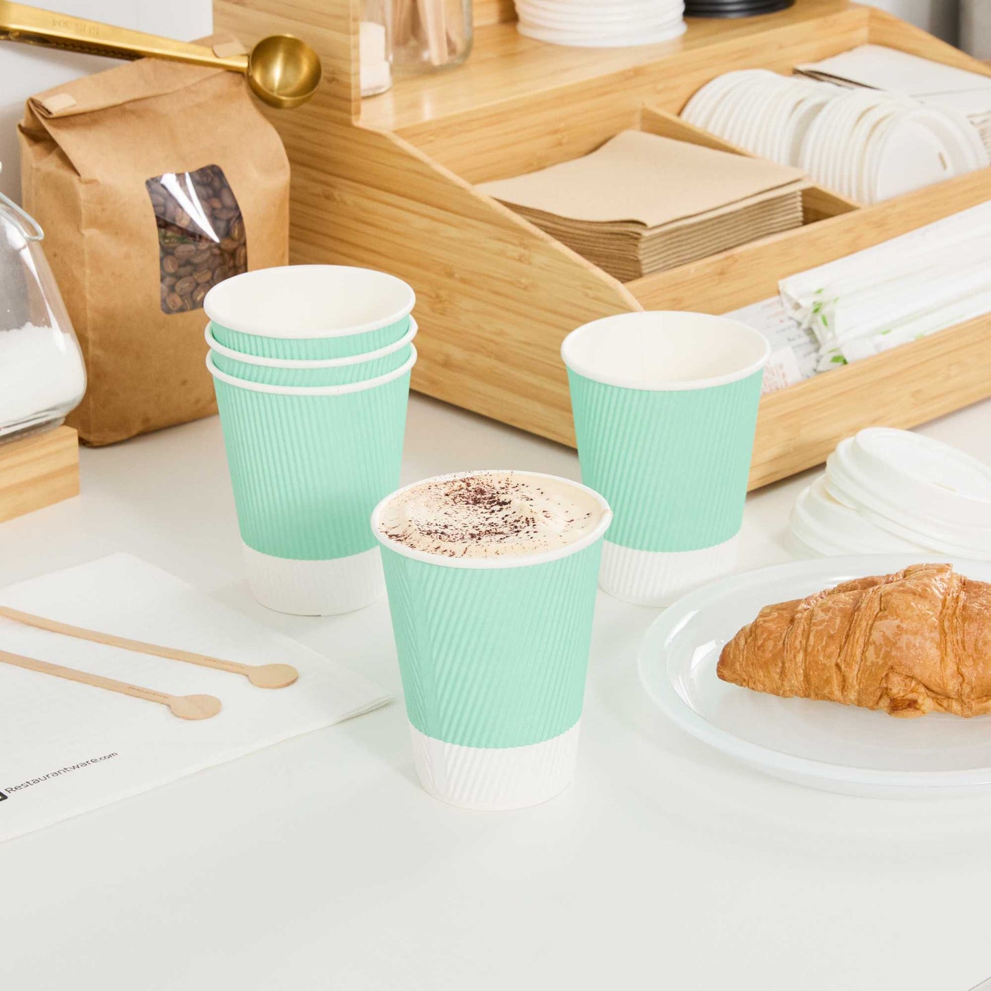 Restpresso 12 oz Light Green Paper Coffee Cup - Ripple Wall - 3 1/2" x 3 1/2" x 4 1/4" - 25 count box