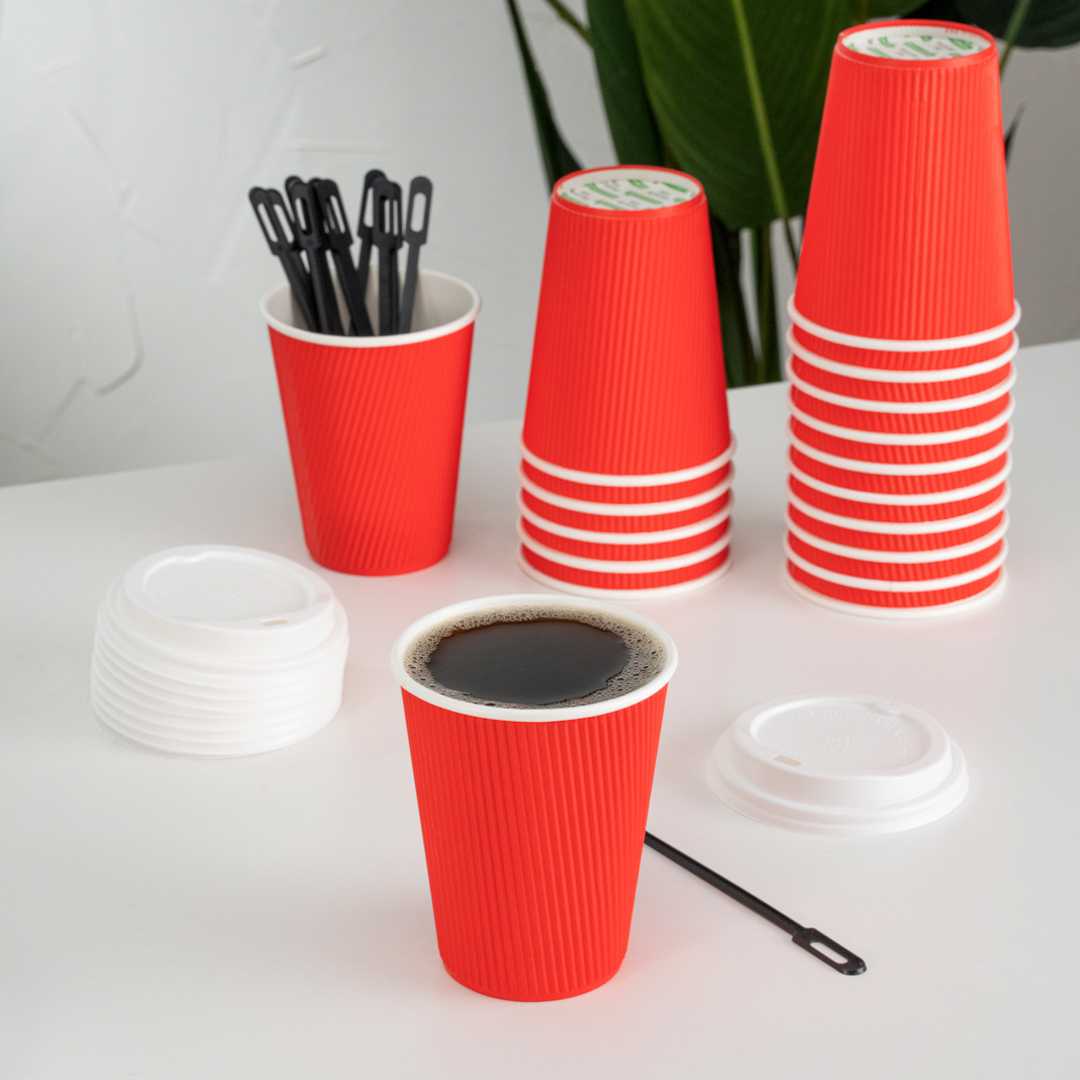 Restpresso 12 oz Red Paper Coffee Cup - Ripple Wall - 3 1/2" x 3 1/2" x 4 1/4" - 25 count box