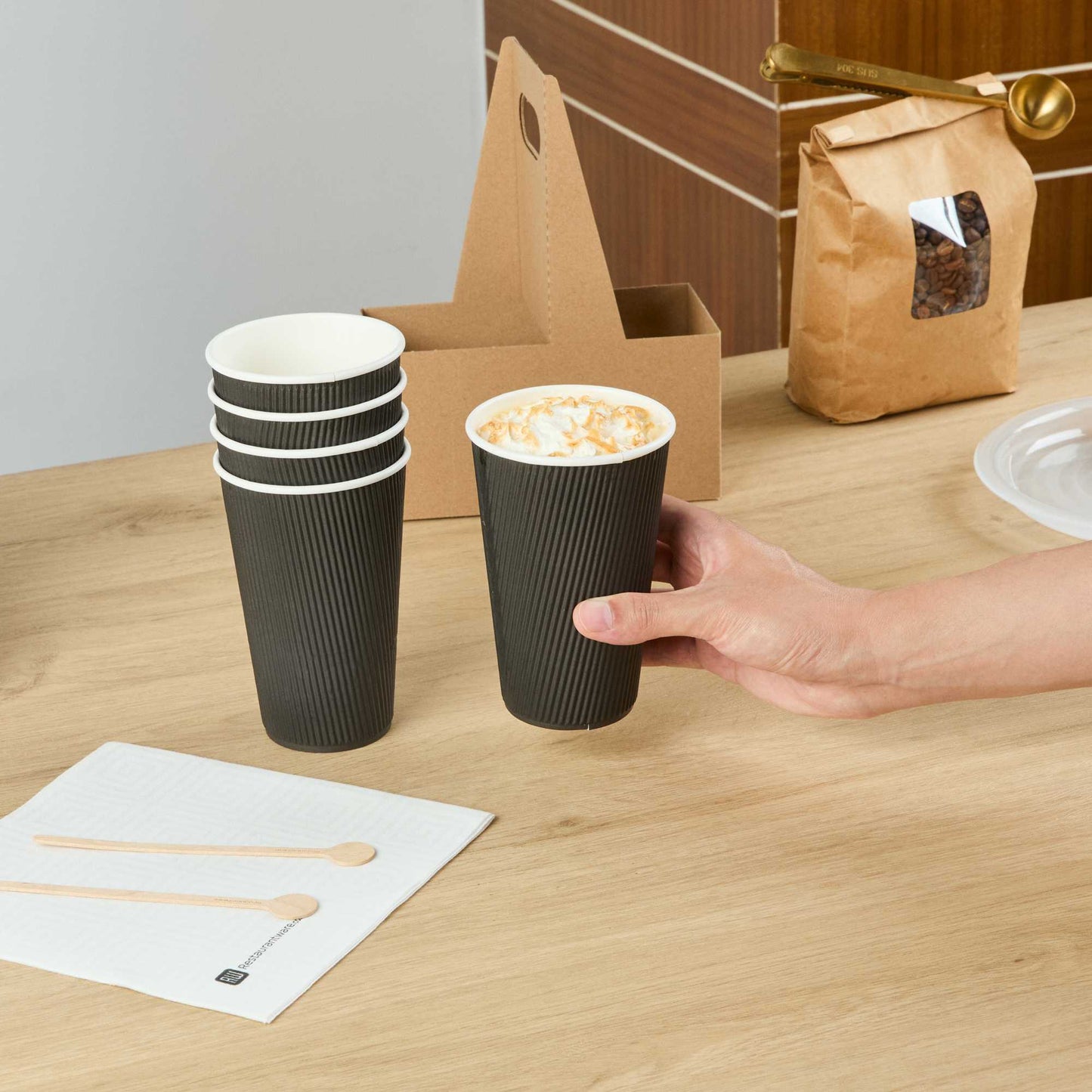 Restpresso 16 oz Black Paper Coffee Cup - Ripple Wall - 3 1/2" x 3 1/2" x 5 1/2" - 25 count box
