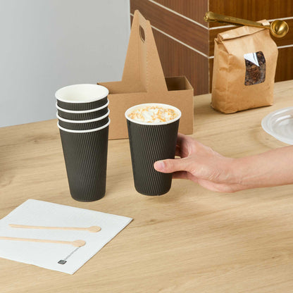 Restpresso 16 oz Black Paper Coffee Cup - Ripple Wall - 3 1/2" x 3 1/2" x 5 1/2" - 25 count box