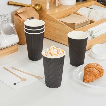 Restpresso 16 oz Black Paper Coffee Cup - Ripple Wall - 3 1/2" x 3 1/2" x 5 1/2" - 500 count box