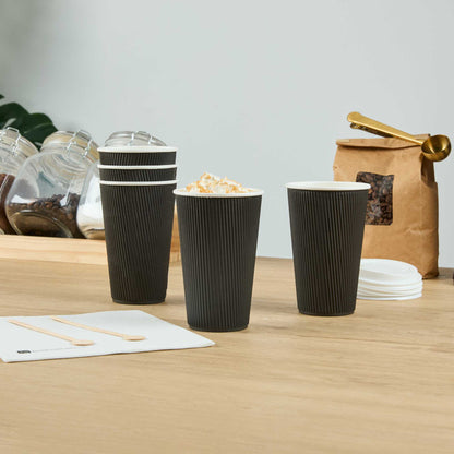 Restpresso 16 oz Black Paper Coffee Cup - Ripple Wall - 3 1/2" x 3 1/2" x 5 1/2" - 500 count box