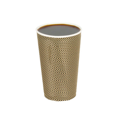 Restpresso 16 oz Mocha Pin Check Paper Coffee Cup - Spiral Wall - 3 1/2" x 3 1/2" x 5 1/2" - 25 count box