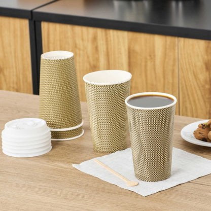 Restpresso 16 oz Mocha Pin Check Paper Coffee Cup - Spiral Wall - 3 1/2" x 3 1/2" x 5 1/2" - 25 count box