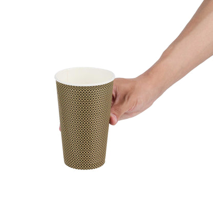 Restpresso 16 oz Mocha Pin Check Paper Coffee Cup - Spiral Wall - 3 1/2" x 3 1/2" x 5 1/2" - 25 count box