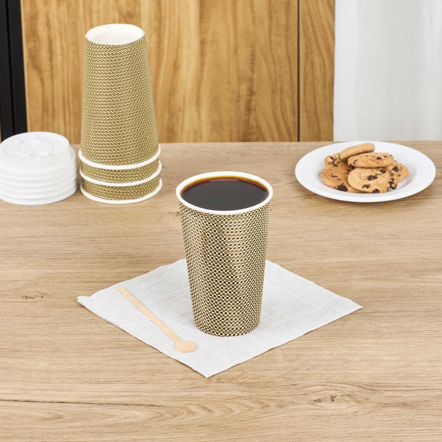 Restpresso 16 oz Mocha Pin Check Paper Coffee Cup - Spiral Wall - 3 1/2" x 3 1/2" x 5 1/2" - 25 count box
