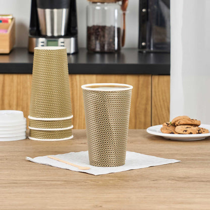 Restpresso 16 oz Mocha Pin Check Paper Coffee Cup - Spiral Wall - 3 1/2" x 3 1/2" x 5 1/2" - 500 count box