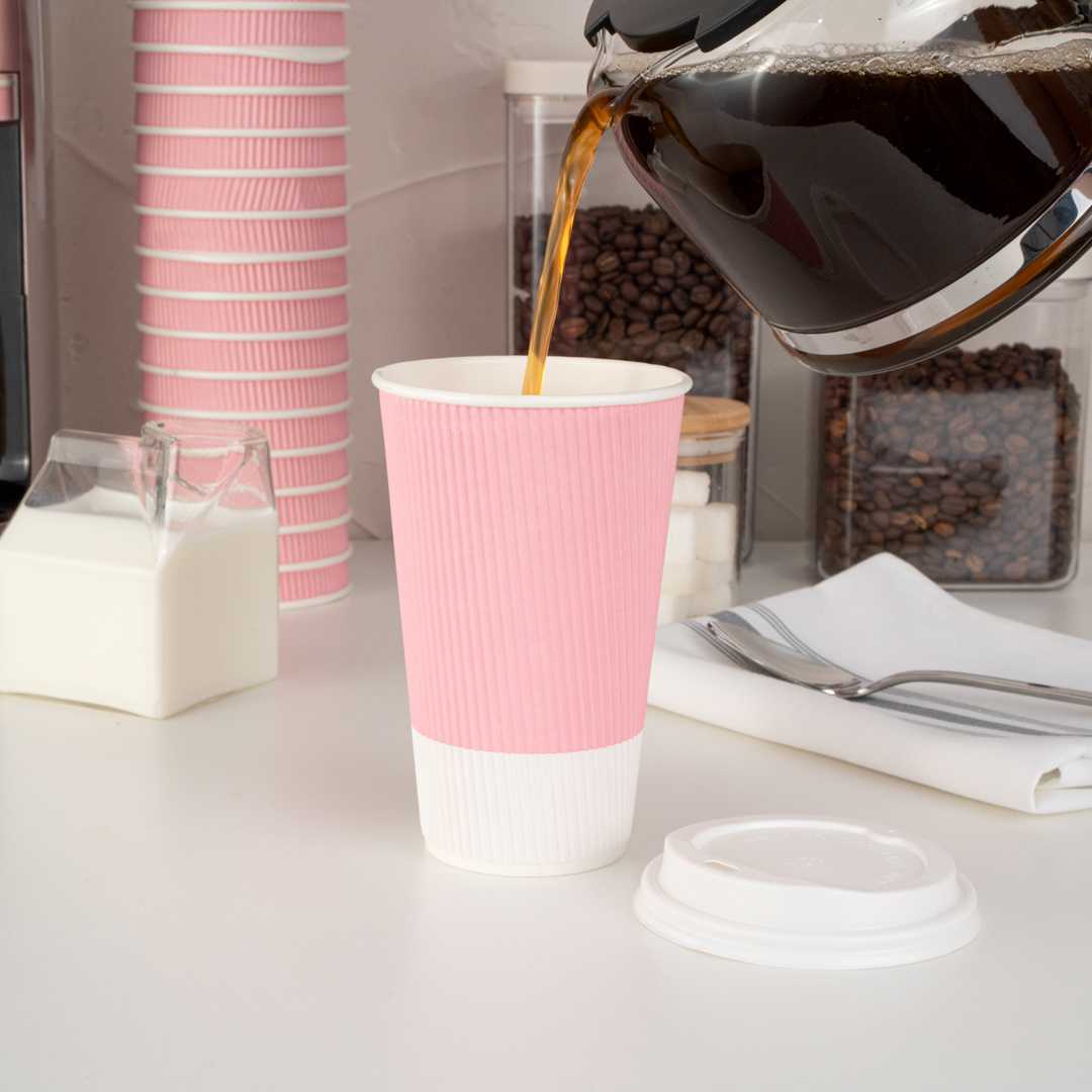 Restpresso 16 oz Light Pink Paper Coffee Cup - Ripple Wall - 3 1/2" x 3 1/2" x 5 1/2" - 500 count box
