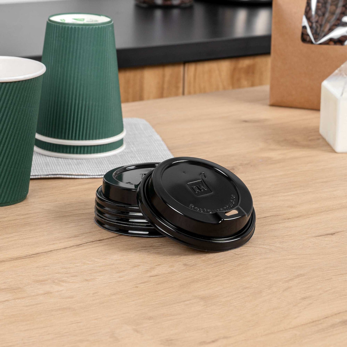 Restpresso Black Plastic Coffee Cup Lid - Elevated Spout, Fits 8, 12, 16 and 20 oz - 25 count box