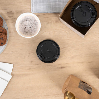 Restpresso Black Plastic Coffee Cup Lid - Elevated Spout, Fits 8, 12, 16 and 20 oz - 25 count box