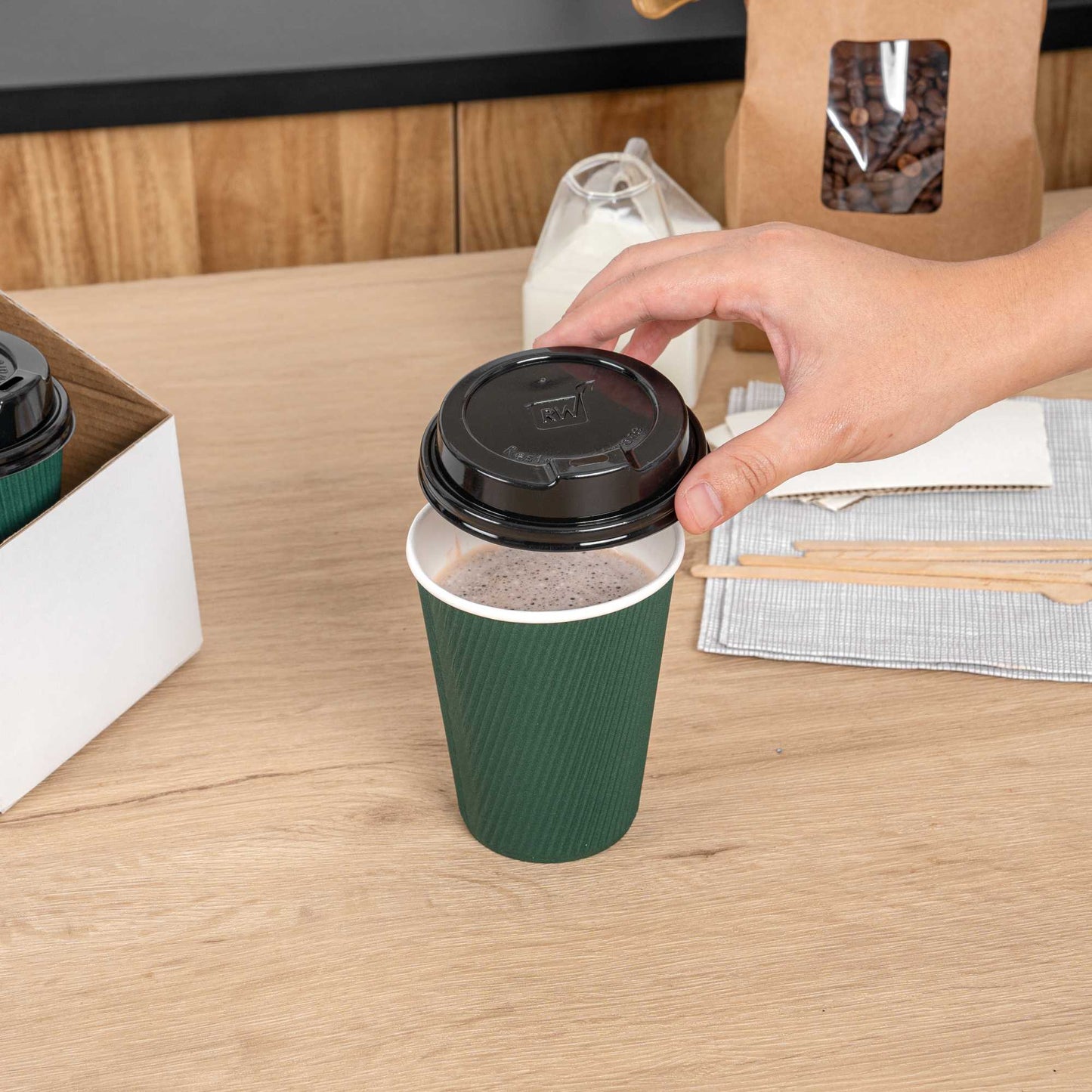 Restpresso Black Plastic Coffee Cup Lid - Elevated Spout, Fits 8, 12, 16 and 20 oz - 500 count box
