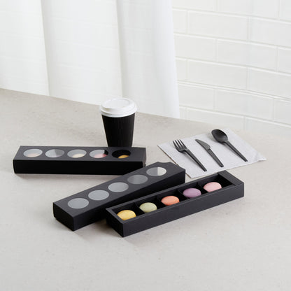 Valentino Rectangle Black Paper Macaron Box - Holds 5 Macarons - 12" x 3" x 1 1/2" - 100 count box