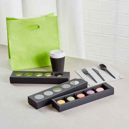 Valentino Rectangle Black Paper Macaron Box - Holds 5 Macarons - 12" x 3" x 1 1/2" - 100 count box
