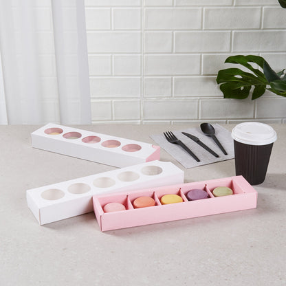 Valentino Rectangle White and Pink Paper Macaron Box - Holds 5 Macarons - 12" x 3" x 1 1/2" - 100 count box