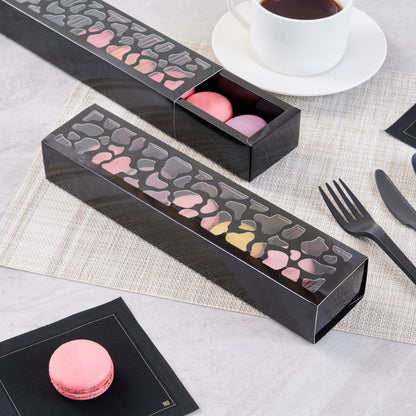 Sentiero Rectangle Black Paper Macaron Box - Holds 5 Macarons - 10" x 2 1/4" x 1 1/2" - 100 count box