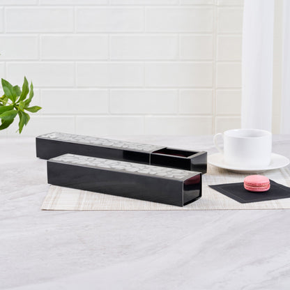 Sentiero Rectangle Black Paper Macaron Box - Holds 5 Macarons - 10" x 2 1/4" x 1 1/2" - 100 count box