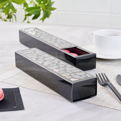 Sentiero Rectangle Black Paper Macaron Box - Holds 5 Macarons - 10" x 2 1/4" x 1 1/2" - 100 count box