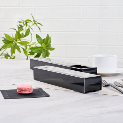 Sentiero Rectangle Black Paper Macaron Box - Holds 5 Macarons - 10" x 2 1/4" x 1 1/2" - 100 count box