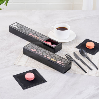 Sentiero Rectangle Black Paper Macaron Box - Holds 5 Macarons - 10" x 2 1/4" x 1 1/2" - 100 count box