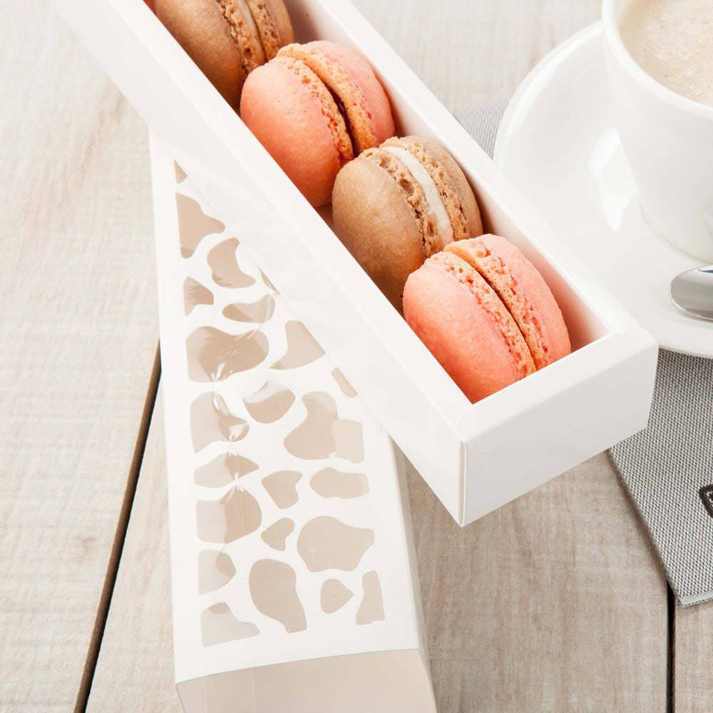 Sentiero Rectangle White Paper Macaron Box - Holds 5 Macarons - 10" x 2 1/4" x 1 1/2" - 100 count box