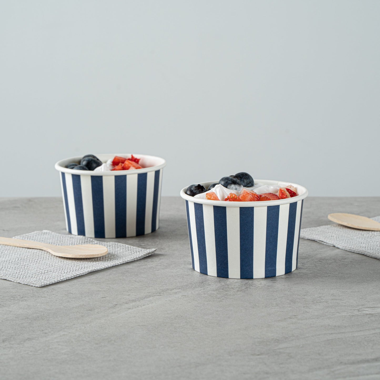 Coppetta 3 oz Round Blue and White Stripe Paper To Go Cup - 3" x 3" x 1 3/4" - 200 count box