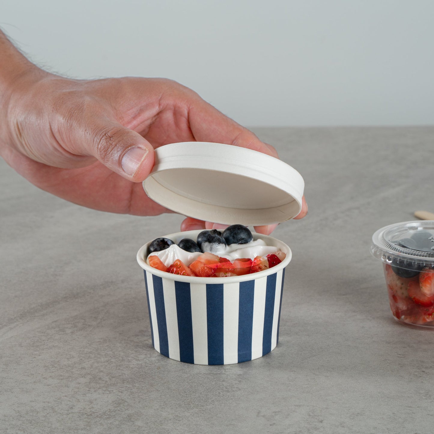 Coppetta 3 oz Round Blue and White Stripe Paper To Go Cup - 3" x 3" x 1 3/4" - 200 count box