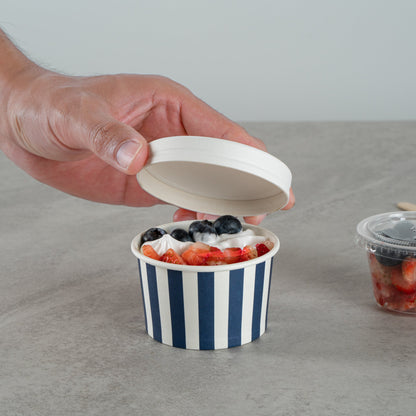 Coppetta 3 oz Round Blue and White Stripe Paper To Go Cup - 3" x 3" x 1 3/4" - 200 count box
