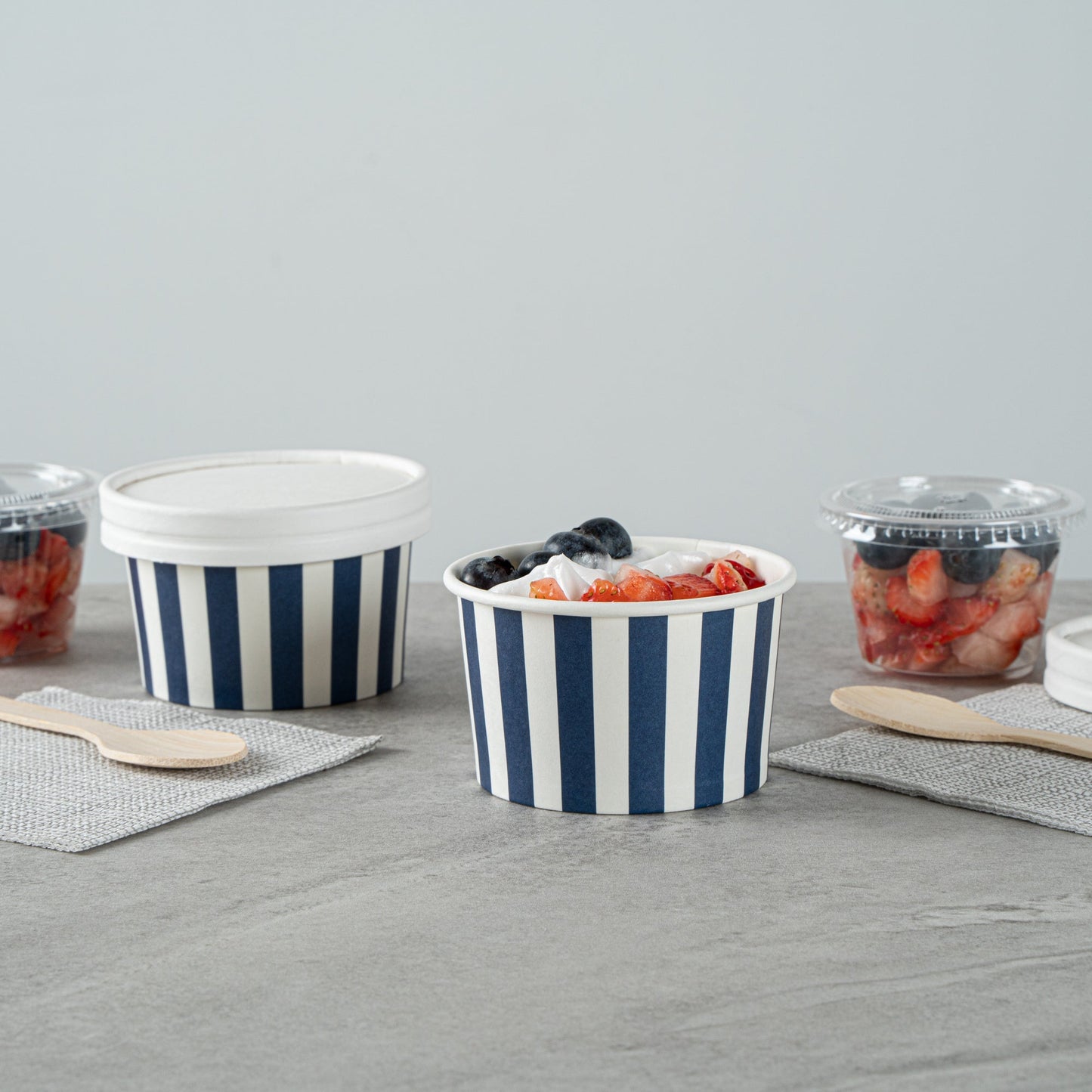 Coppetta 3 oz Round Blue and White Stripe Paper To Go Cup - 3" x 3" x 1 3/4" - 200 count box
