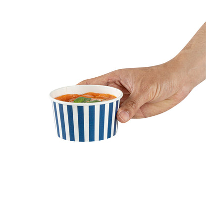 Coppetta 8 oz Round Blue and White Stripe Paper To Go Cup - 3 3/4" x 3 3/4" x 2 1/4" - 50 count box