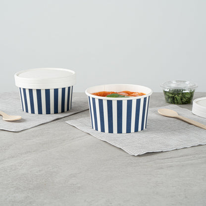 Coppetta 8 oz Round Blue and White Stripe Paper To Go Cup - 3 3/4" x 3 3/4" x 2 1/4" - 50 count box