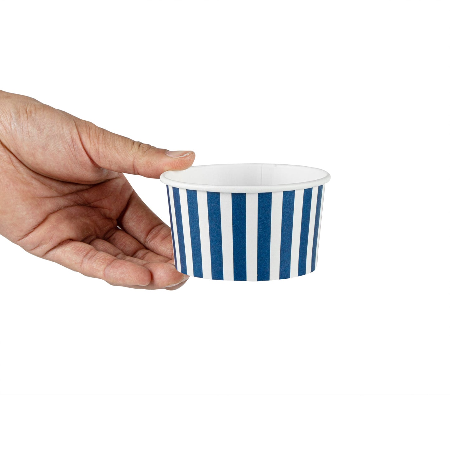 Coppetta 8 oz Round Blue and White Stripe Paper To Go Cup - 3 3/4" x 3 3/4" x 2 1/4" - 200 count box