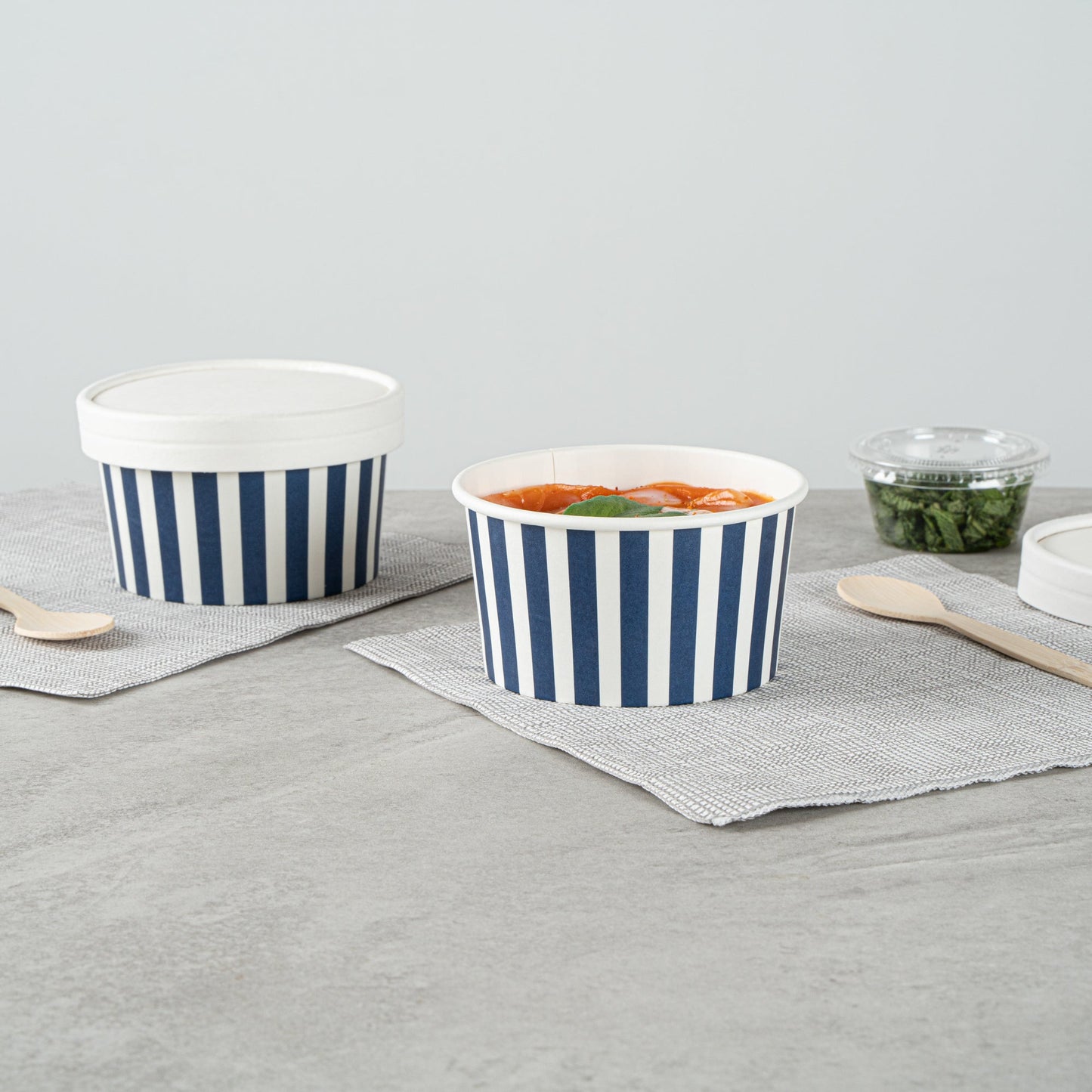 Coppetta 8 oz Round Blue and White Stripe Paper To Go Cup - 3 3/4" x 3 3/4" x 2 1/4" - 200 count box