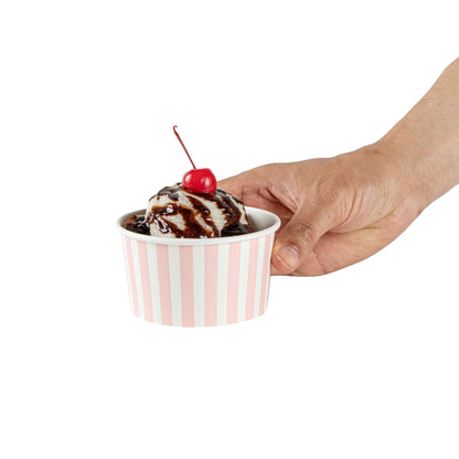 Coppetta 8 oz Round Pink and White Stripe Paper To Go Cup - 3 3/4" x 3 3/4" x 2 1/4" - 200 count box