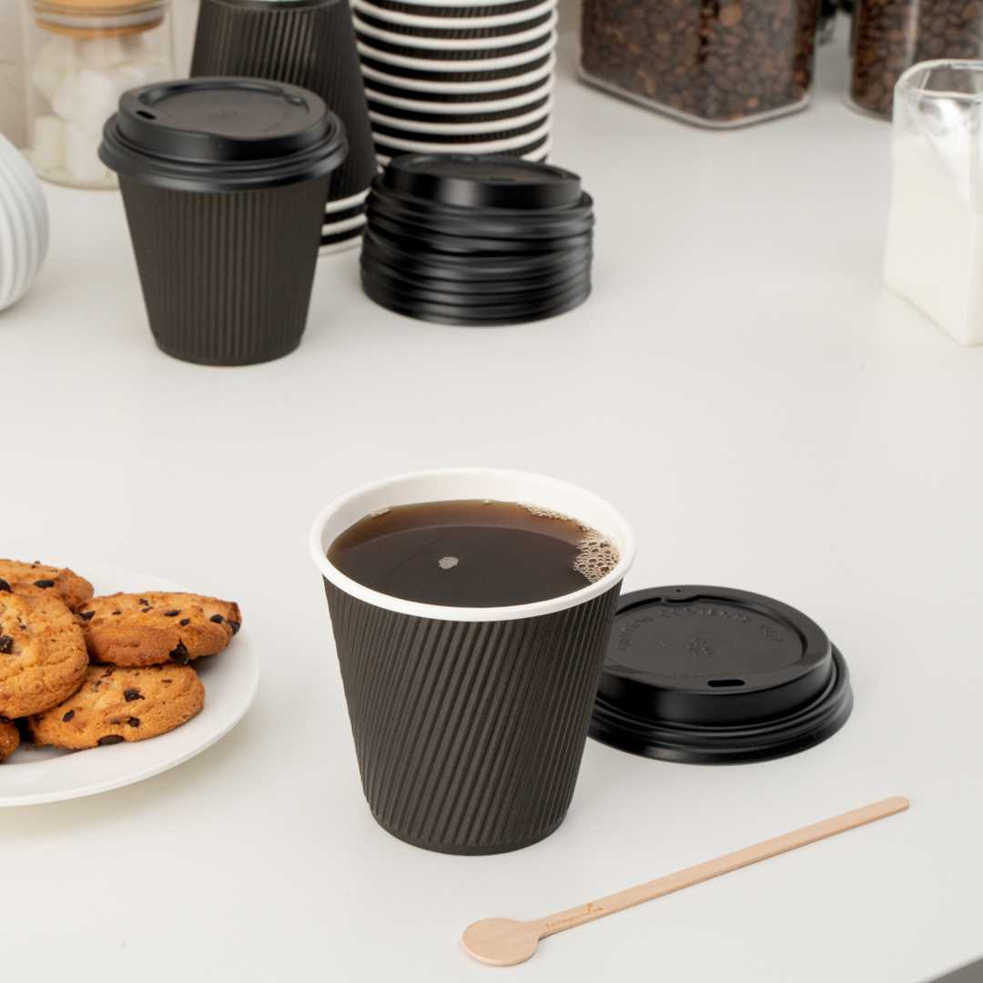 Restpresso 8 oz Black Paper Coffee Cup - Ripple Wall - 3 1/2" x 3 1/2" x 3 1/4" - 25 count box