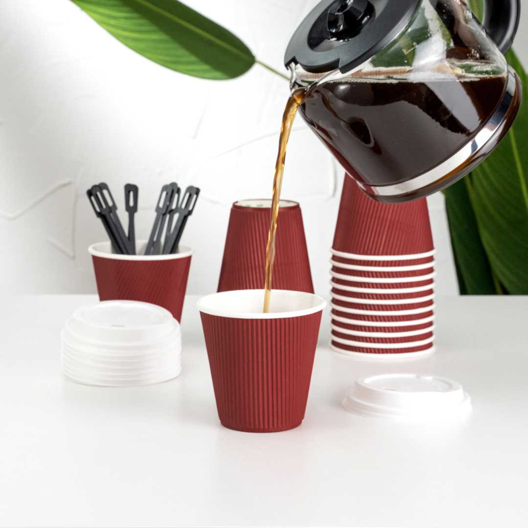 Restpresso 8 oz Crimson Paper Coffee Cup - Ripple Wall - 3 1/2" x 3 1/2" x 3 1/4" - 500 count box
