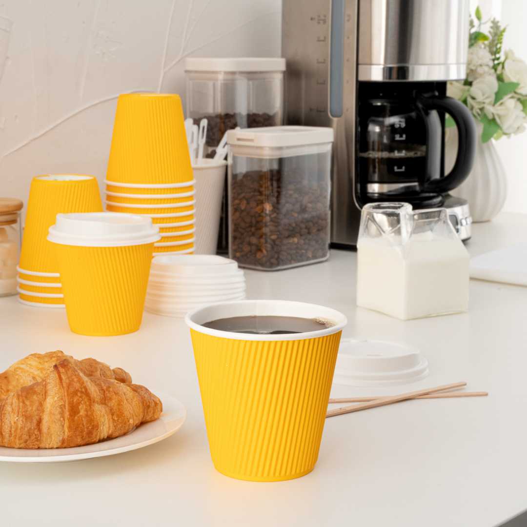 Restpresso 8 oz Yellow Paper Coffee Cup - Ripple Wall - 3 1/2" x 3 1/2" x 3 1/4" - 500 count box