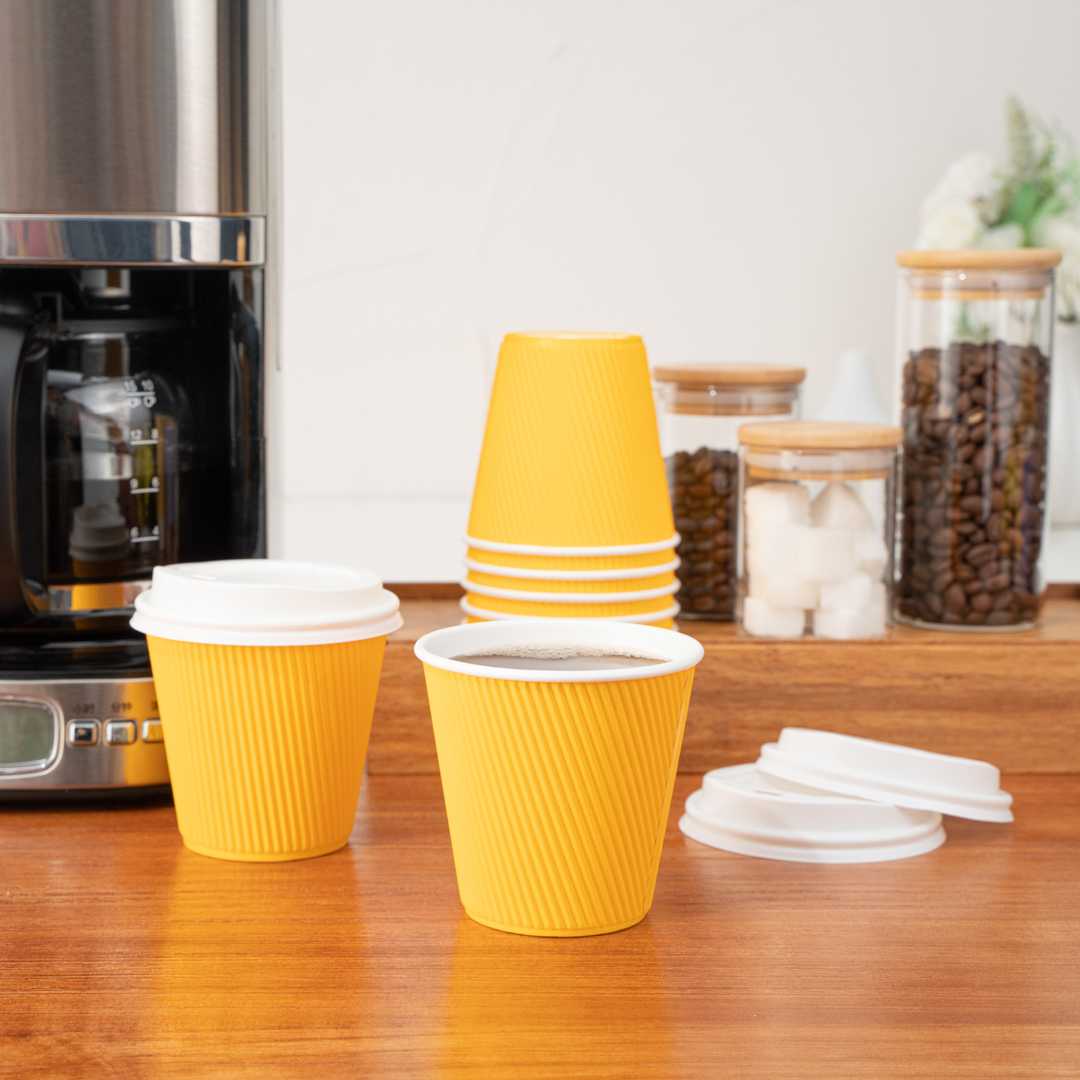 Restpresso 8 oz Yellow Paper Coffee Cup - Ripple Wall - 3 1/2" x 3 1/2" x 3 1/4" - 500 count box