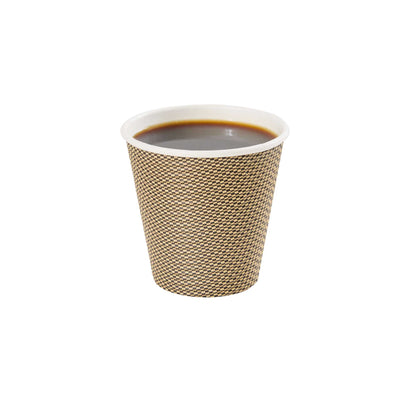 Restpresso 8 oz Mocha Pin Check Paper Coffee Cup - Spiral Wall - 3 1/2" x 3 1/2" x 3 1/4" - 25 count box